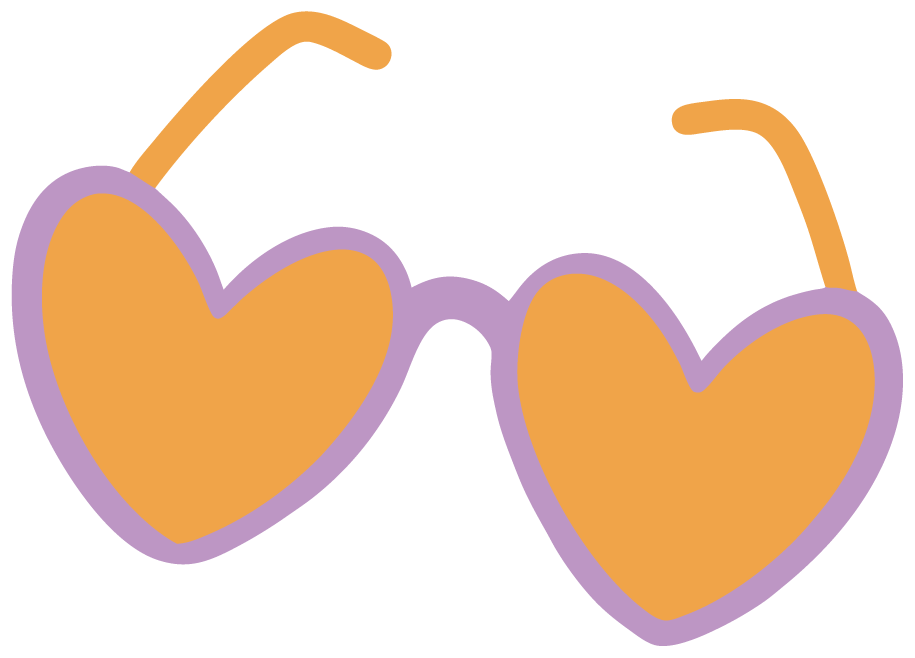illustration représentant des lunettes de soleil orange et violettes en forme de coeur