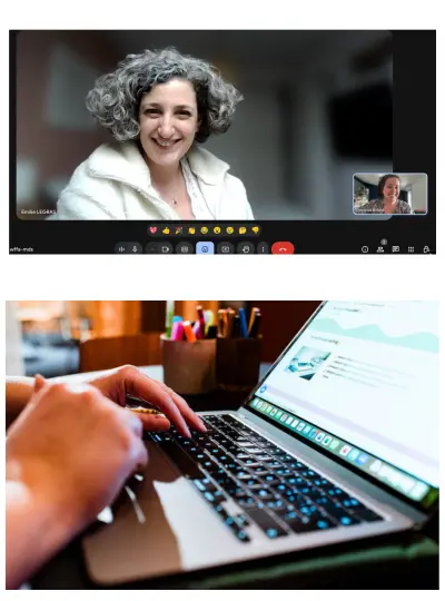 Montage de photos prises pendant des coachings SEO de Florence Billard : visio avec une cliente et gros plan sur l'ordinateur et l'espace de coaching Notion