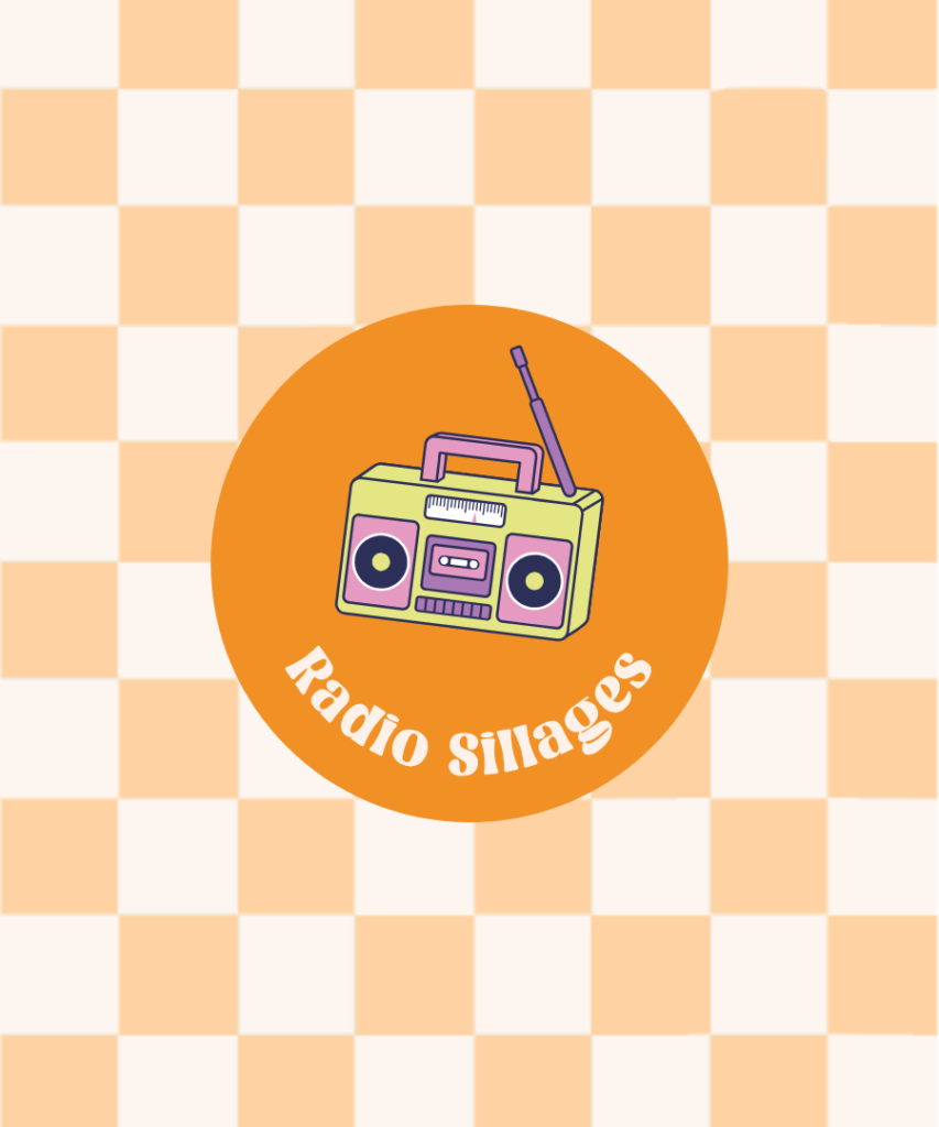 Bannière de la page dédiée à la newsletter SEO "Radio Sillages". Fond à caeeaux blanc cassé et orange clair. Logo de la newsletter : rond orange, illustration d'une radio vintage des années 90